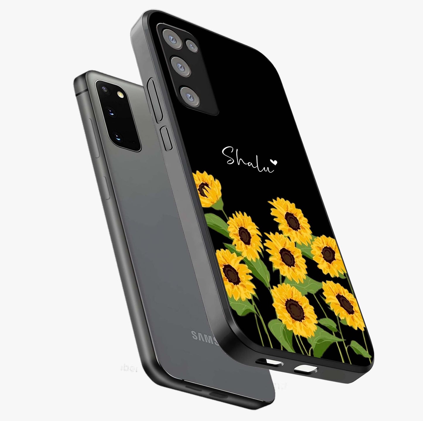 Sunflower Chic Mood Custom Name Glass Case displayed in angled mockup highlighting vibrant sunflower design with custom name feature.