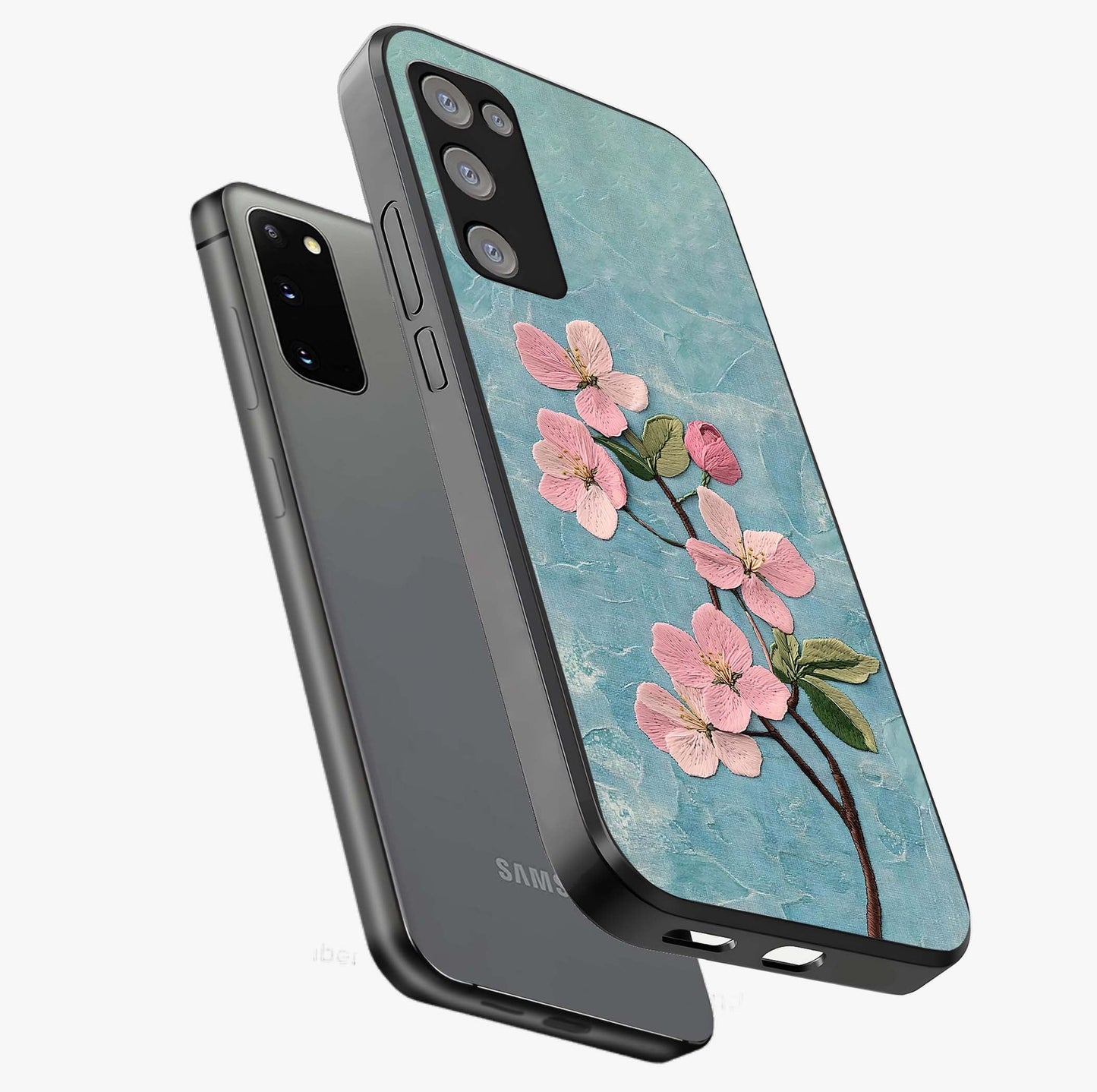 Threaded Blossom Breeze Glass Case displayed in angled mockup highlighting elegant floral design with soft aesthetic style.