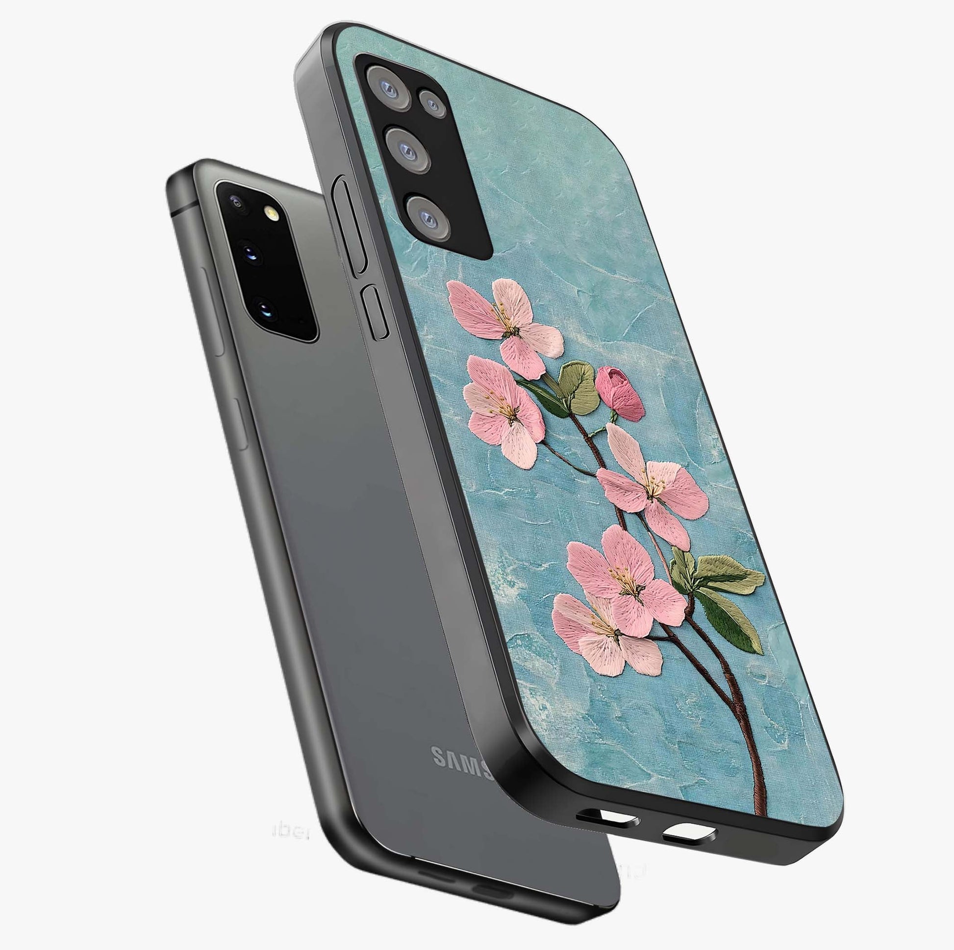 Threaded Blossom Breeze Glass Case displayed in angled mockup highlighting elegant floral design with soft aesthetic style.