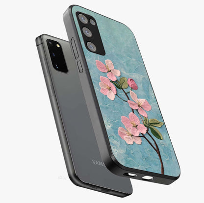 Threaded Blossom Breeze Glass Case displayed in angled mockup highlighting elegant floral design with soft aesthetic style.