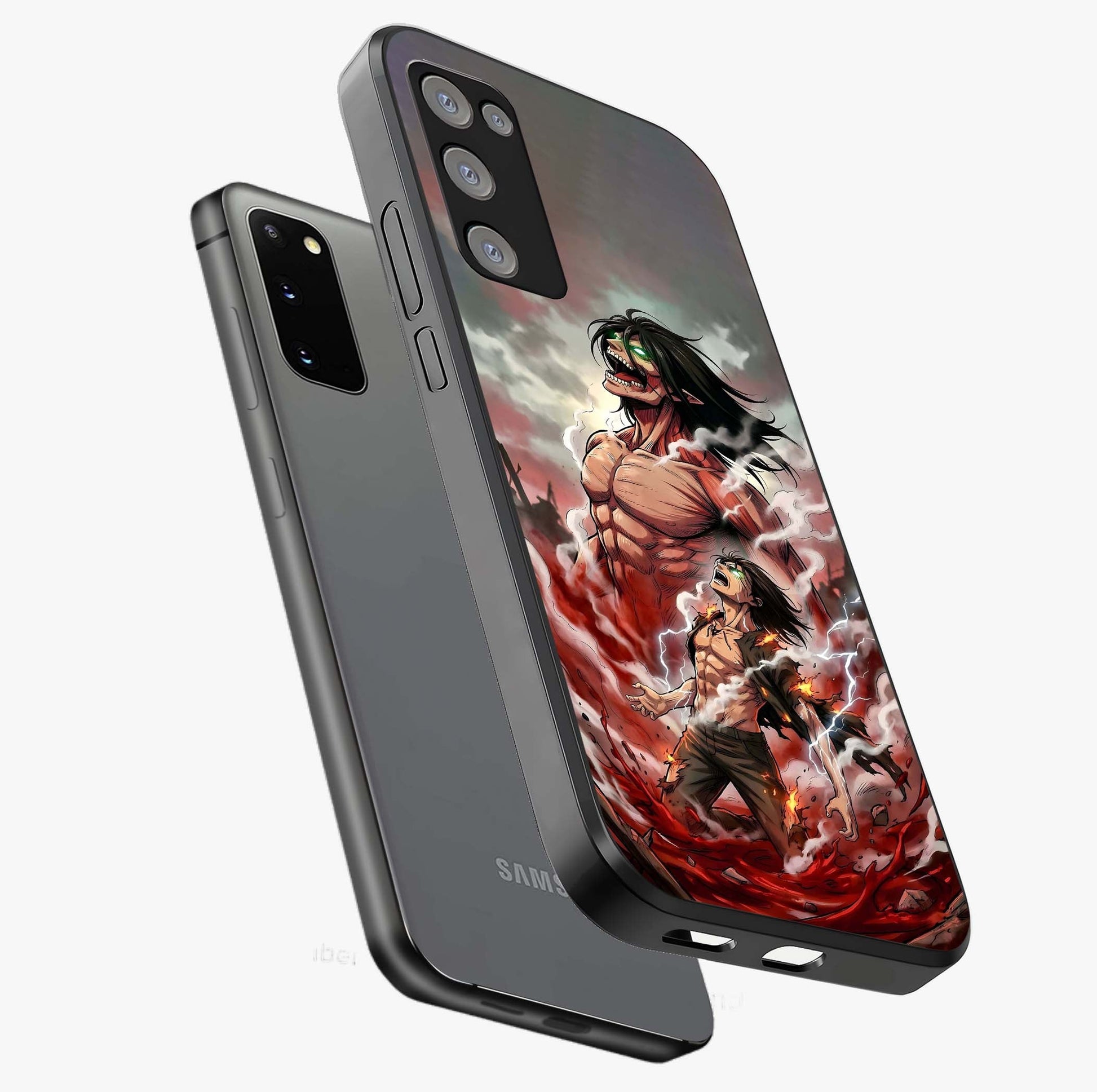 Titan Awakening Fury Glass Case displayed in angled mockup highlighting dramatic giant warrior design with bold anime aesthetic.