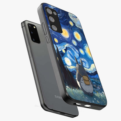 Totoro In Van Gogh Art Glass Case displayed in angled mockup highlighting artistic swirling sky design with playful animation aesthetic.