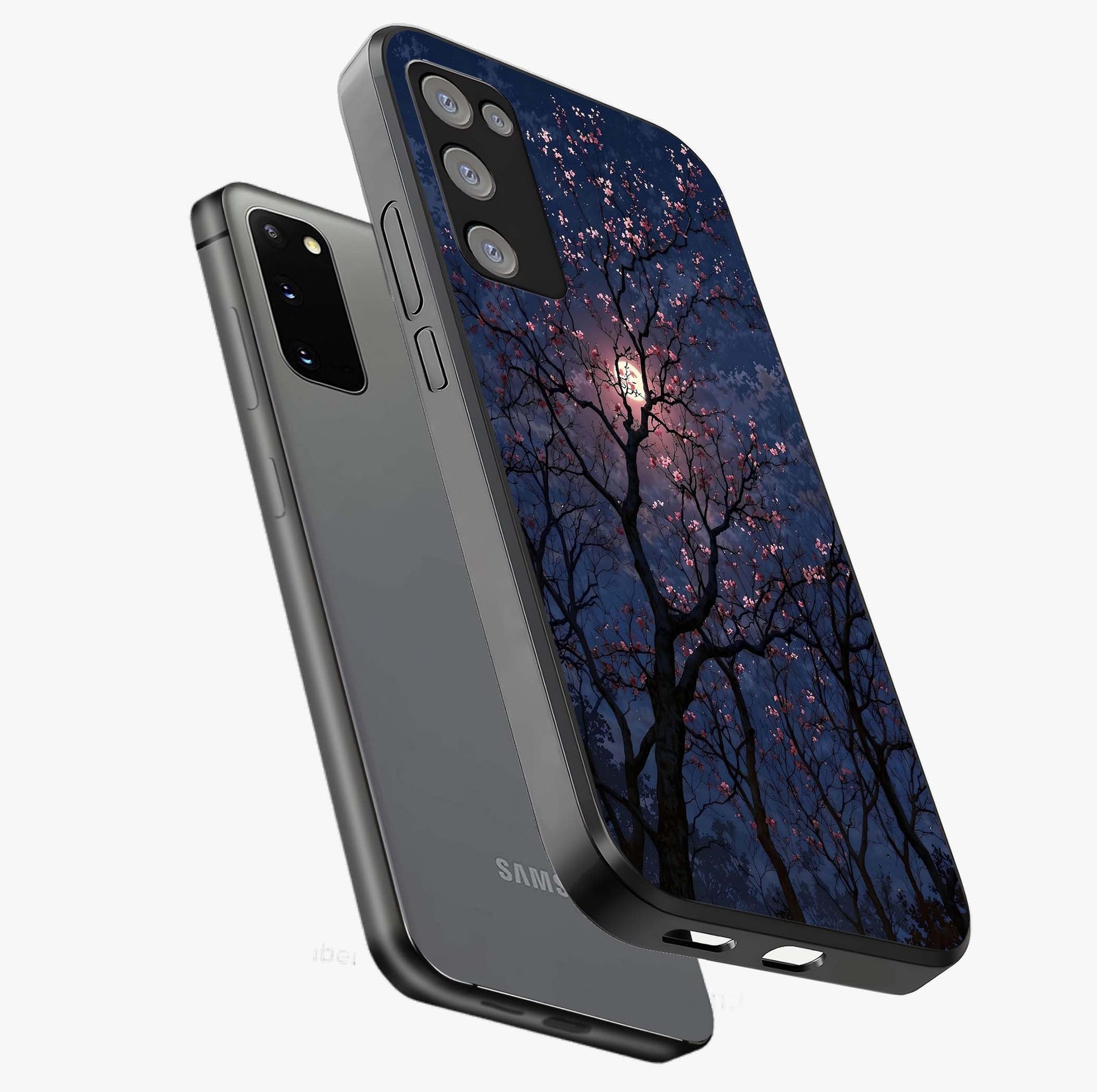 Twilight Sakura Serenade Glass Case displayed in angled mockup highlighting delicate sakura flower design with dreamy aesthetic.