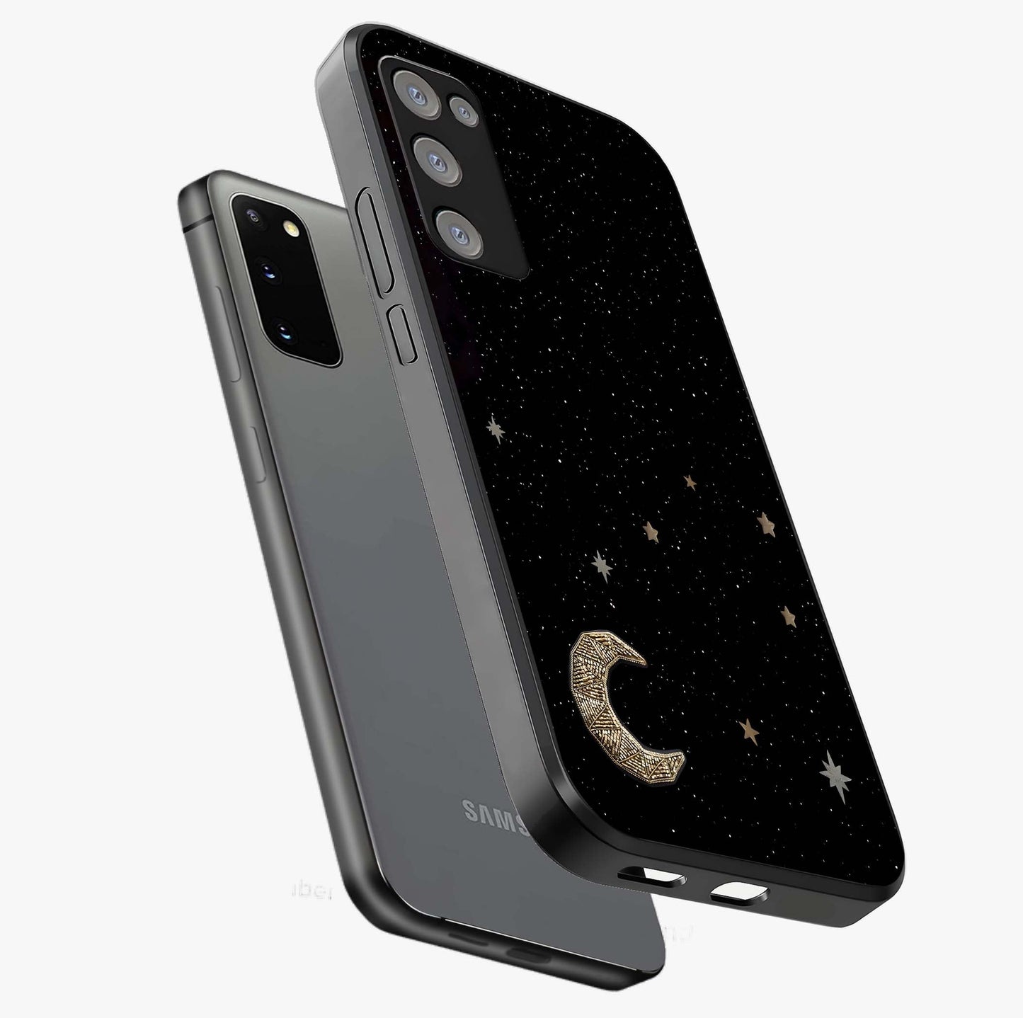 Twinkle Star With Half Moon Glass Case displayed in angled mockup highlighting celestial moon and star design with magical aesthetic.
