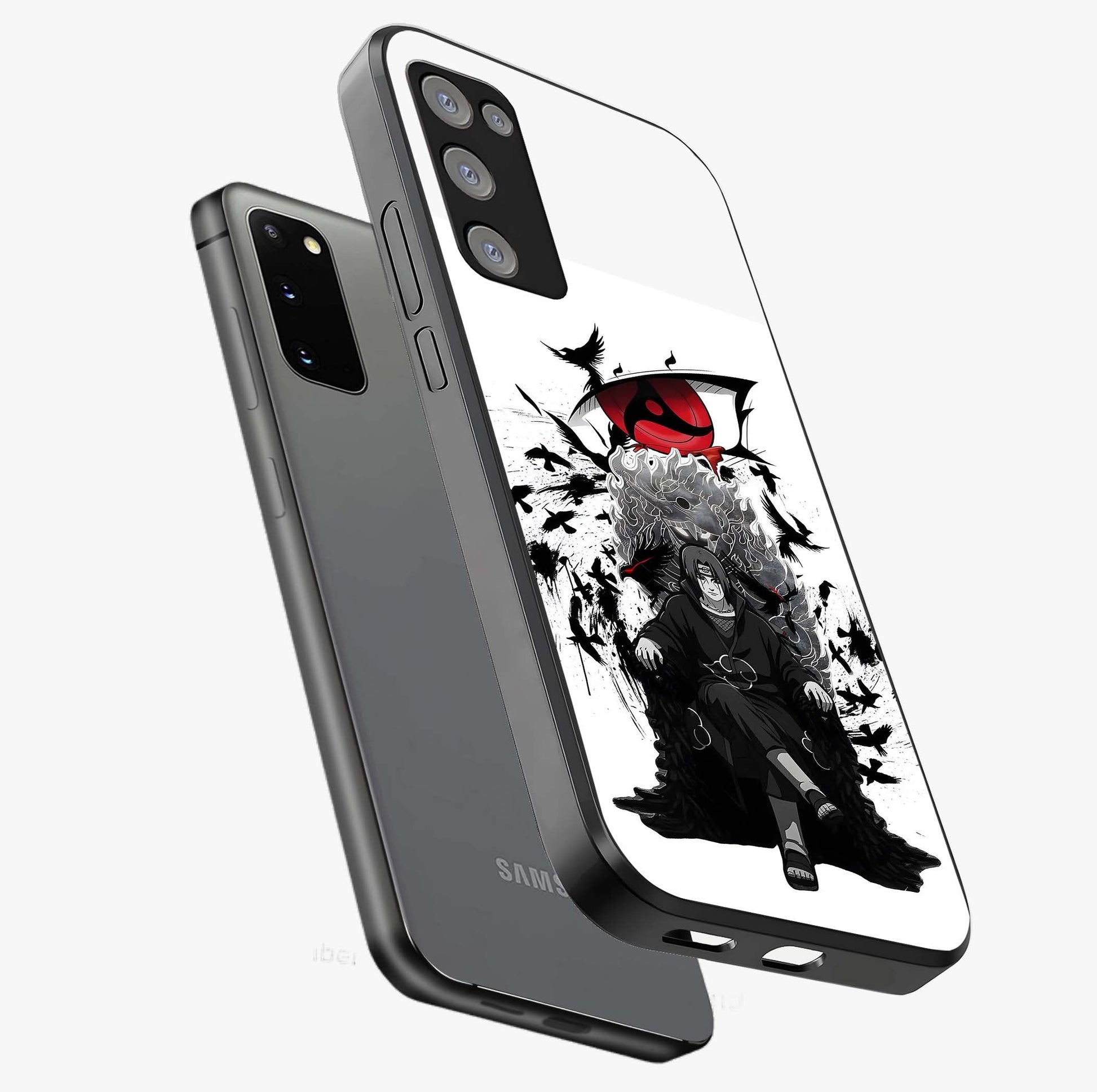 Uchiha Shadow Throne Glass Case displayed in angled mockup highlighting glowing aquatic design with celestial aesthetic.