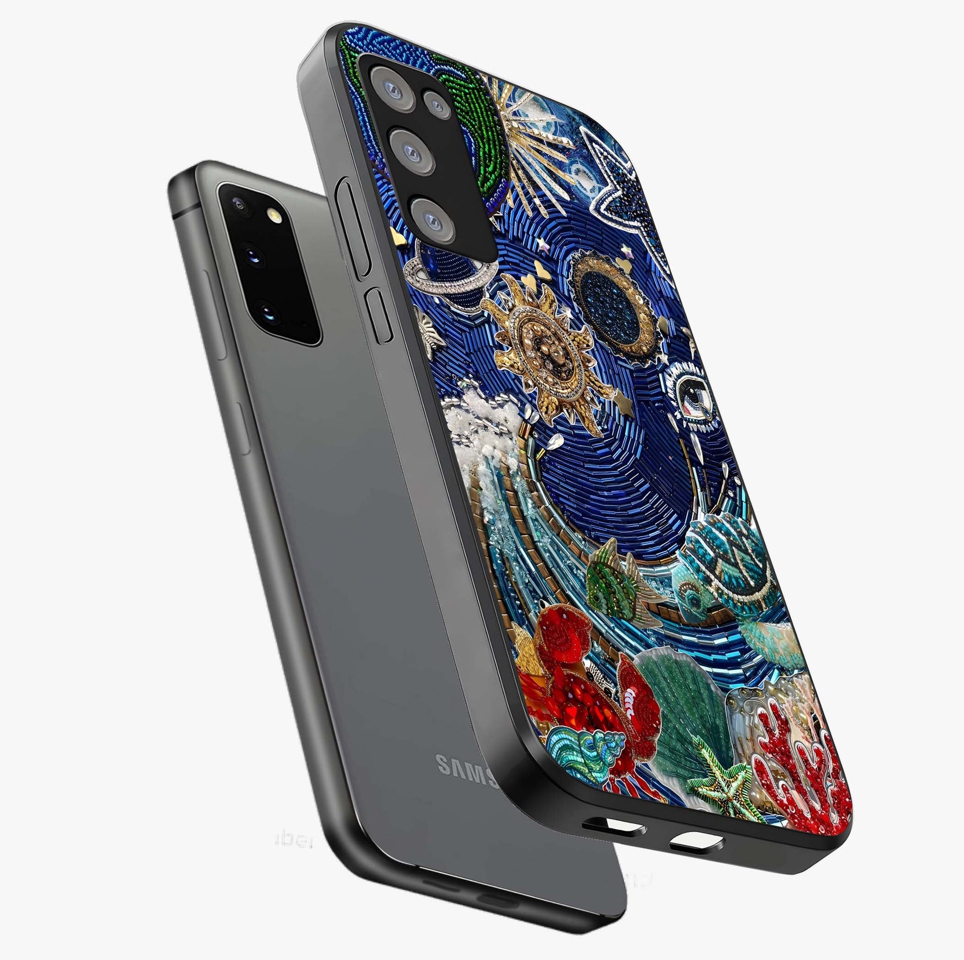 Universe Underwater Spark Glass Case displayed in angled mockup highlighting glowing aquatic design with celestial aesthetic.