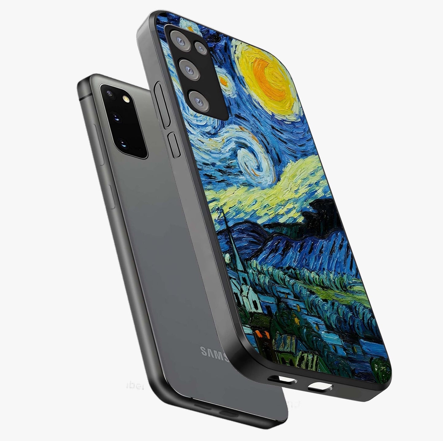 Van Gogh Art Glass Case displayed in angled mockup highlighting swirling brushstroke design with artistic aesthetic.