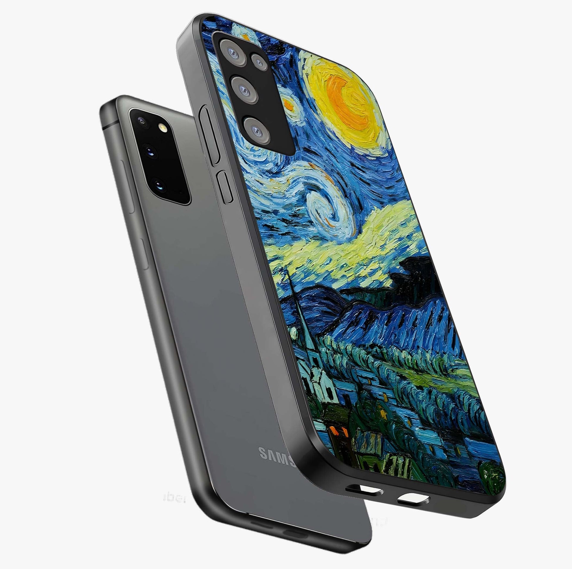 Van Gogh Art Glass Case displayed in angled mockup highlighting swirling brushstroke design with artistic aesthetic.