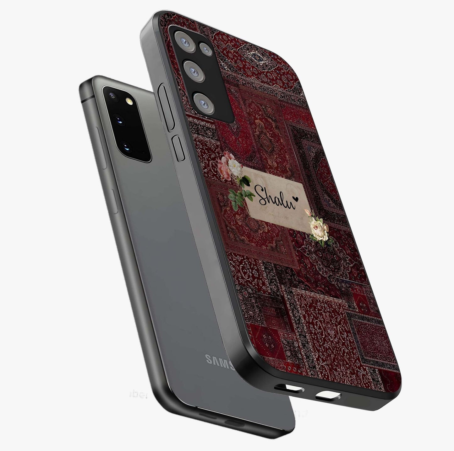 Velvet Wine Pattern Custom Name Glass Case displayed in angled mockup highlighting decorative velvet inspired design with custom name feature.