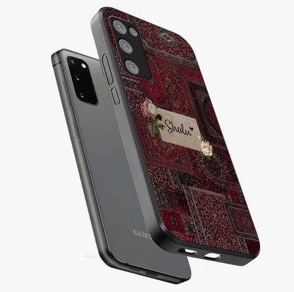 Velvet Wine Pattern Custom Name Glass Case displayed in angled mockup highlighting decorative velvet inspired design with custom name feature.