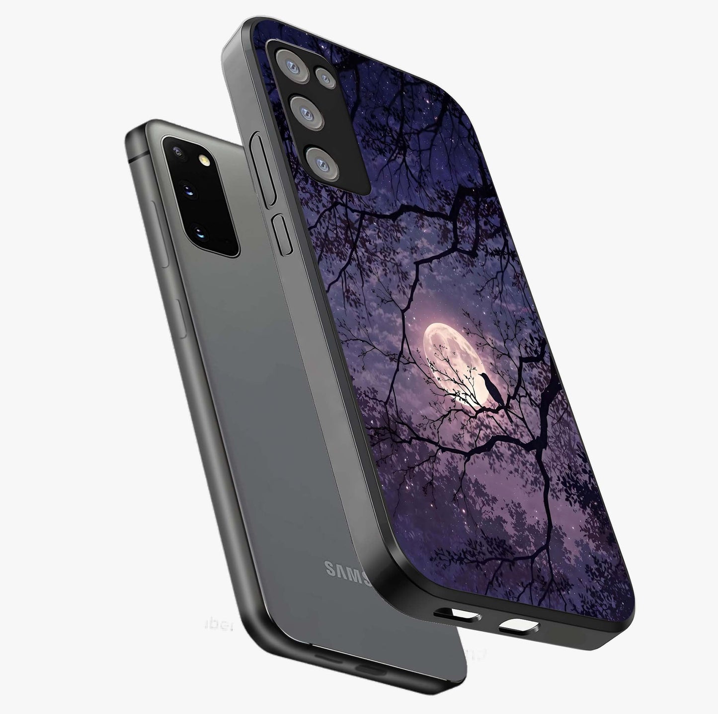 Whispering Moon Silence Glass Case displayed in angled mockup highlighting calm lunar design with dreamy night aesthetic.