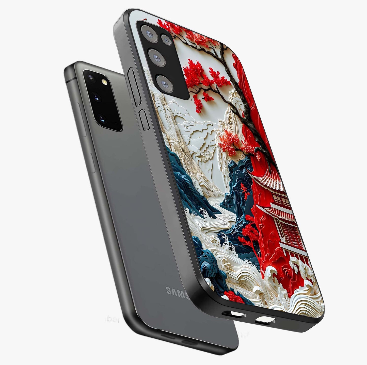 Whispers Of Sakura Waves Glass Case displayed in angled mockup highlighting flowing sakura design with soft floral aesthetic.