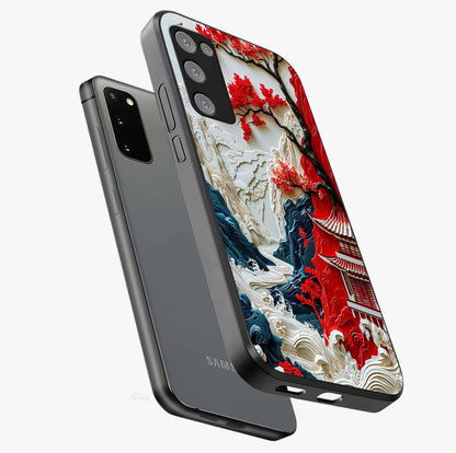 Whispers Of Sakura Waves Glass Case displayed in angled mockup highlighting flowing sakura design with soft floral aesthetic.