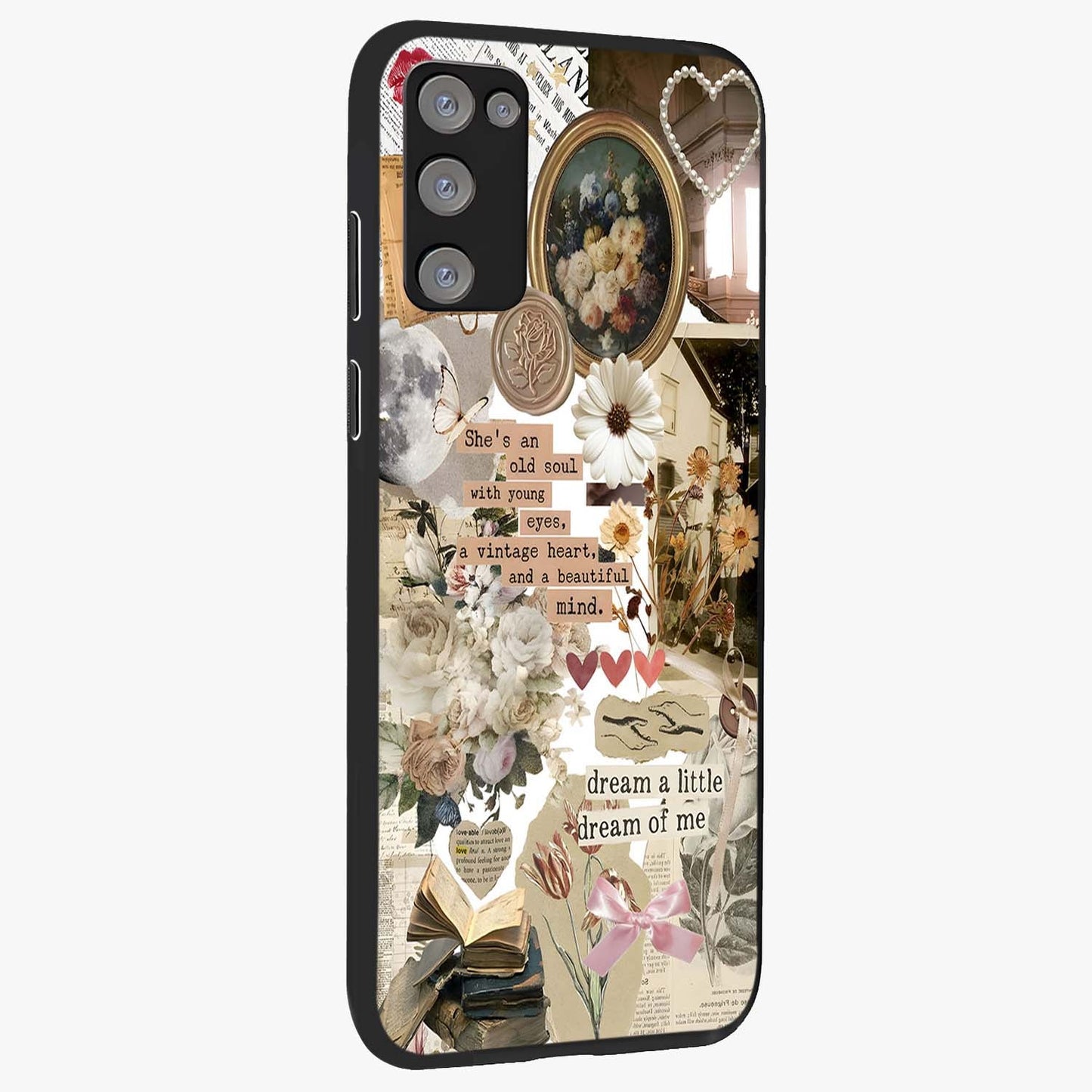 Aesthetic Brown Vintage Collage Glass Case upright view showcasing nostalgic retro artwork with stylish vintage theme.