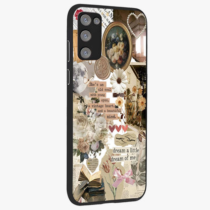 Aesthetic Brown Vintage Collage Glass Case upright view showcasing nostalgic retro artwork with stylish vintage theme.