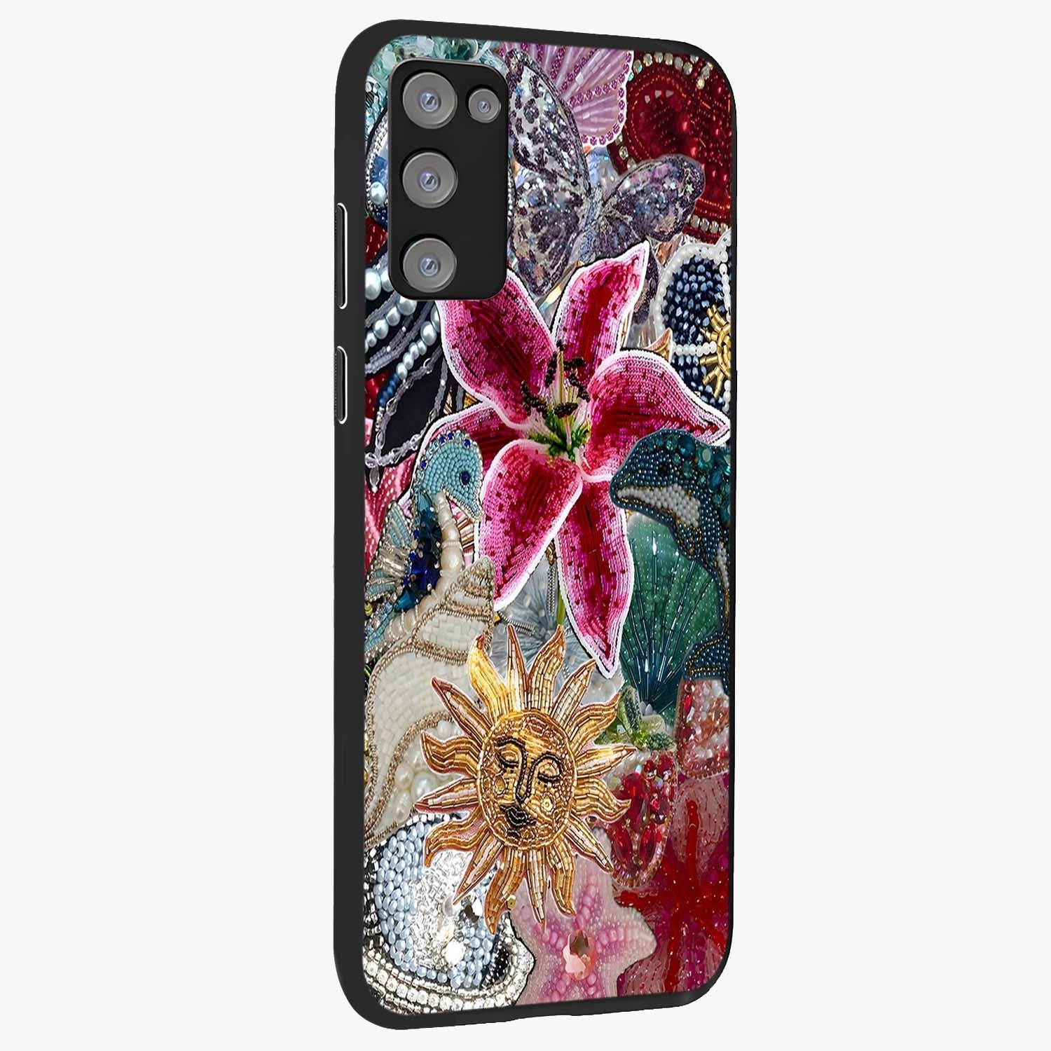 Beaded Garden Fantasy Glass Case upright view showcasing whimsical garden aesthetic with artistic bead details.