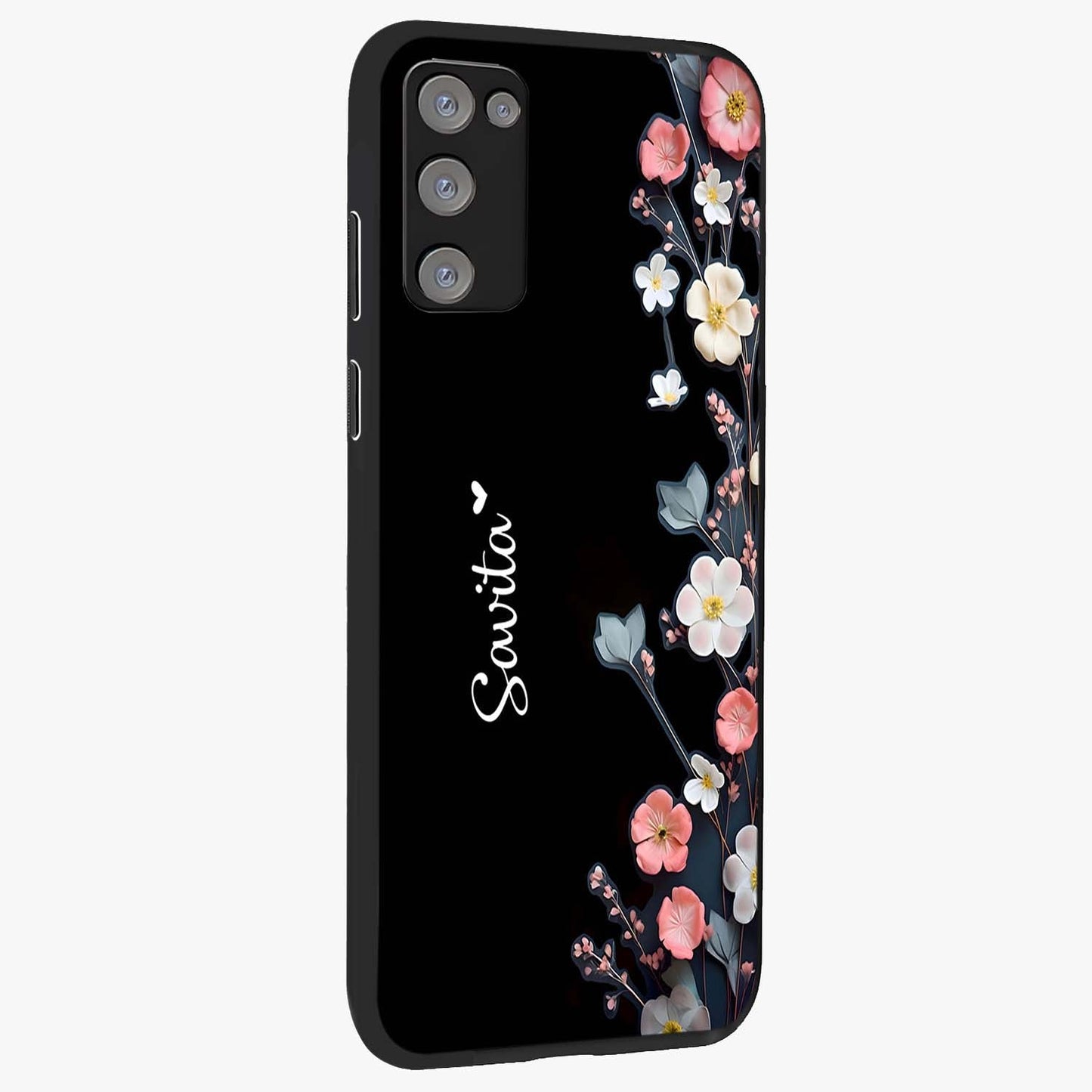 Black Elegance Floral Custom Name Glass Case upright view showcasing luxurious black floral design with personalized name detail.