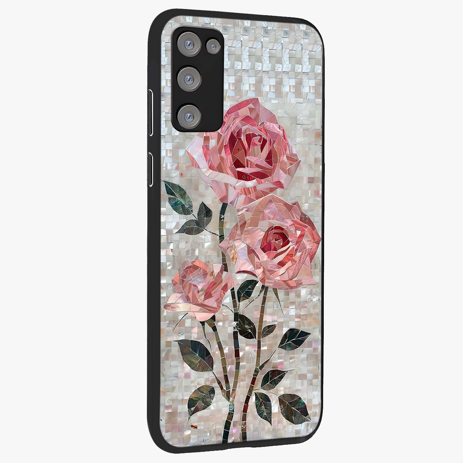 Blush Mosaic Bloom Glass Case upright view showcasing decorative floral mosaic artwork with stylish modern aesthetic.