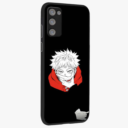 Crimson Chaos Smile Glass Case upright view showcasing expressive chaotic artwork with striking visual theme.
