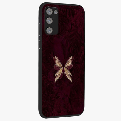 Crimson Fade Butterfly Glass Case upright view showcasing graceful butterfly artwork with soft crimson fade effect.