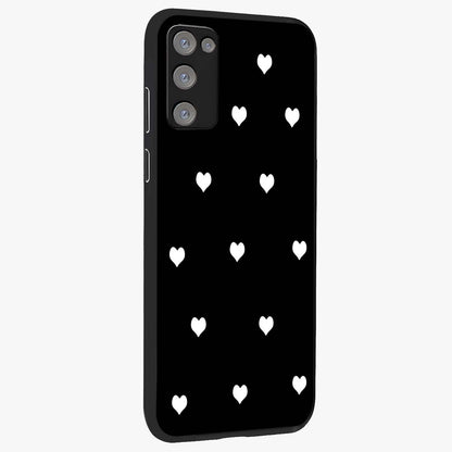 Cute And Simple White Hearts Glass Case upright view showcasing simple white hearts artwork with soft minimal theme.