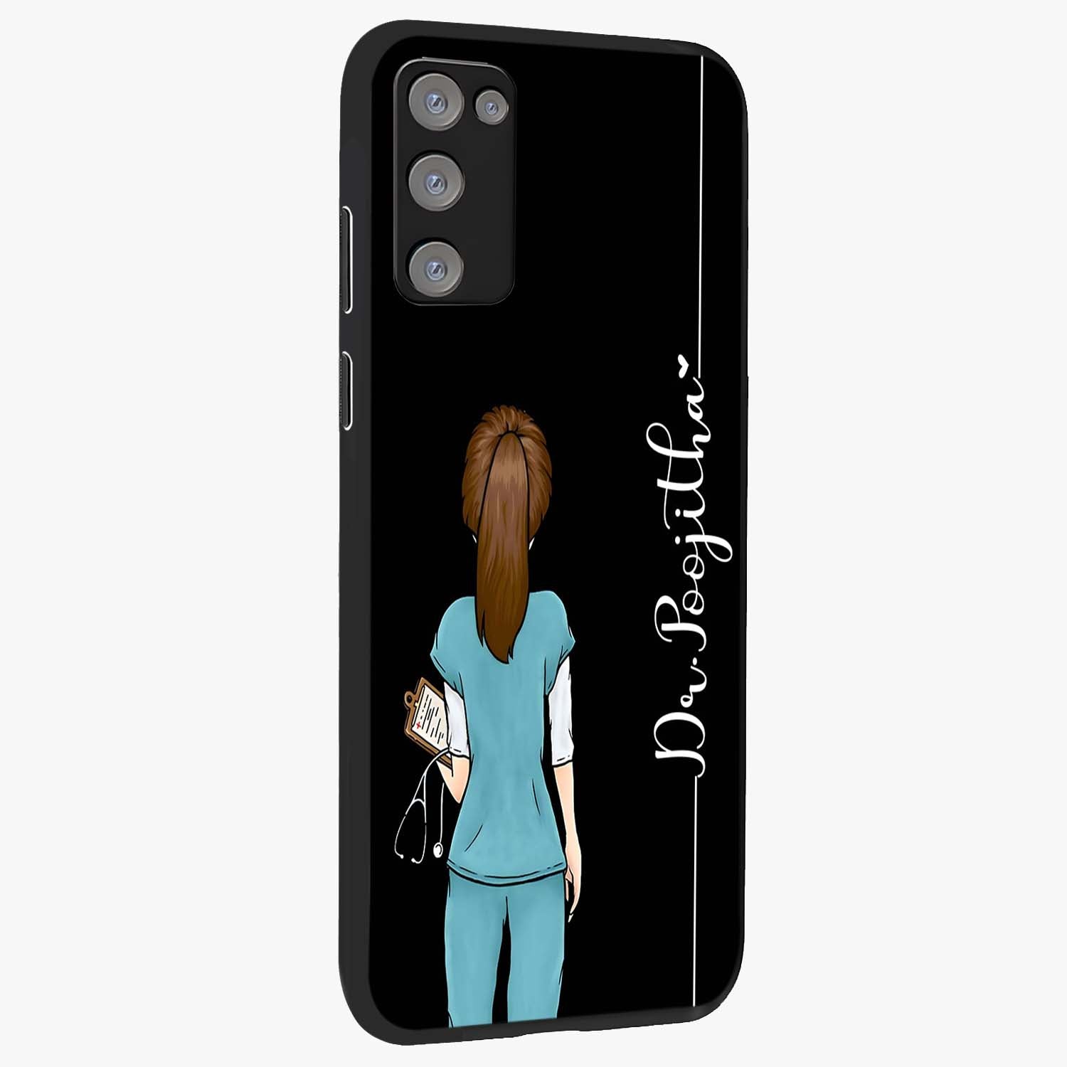 Doctor Pattern Custom Name Glass Case upright view showcasing healthcare themed design with personalized aesthetic.