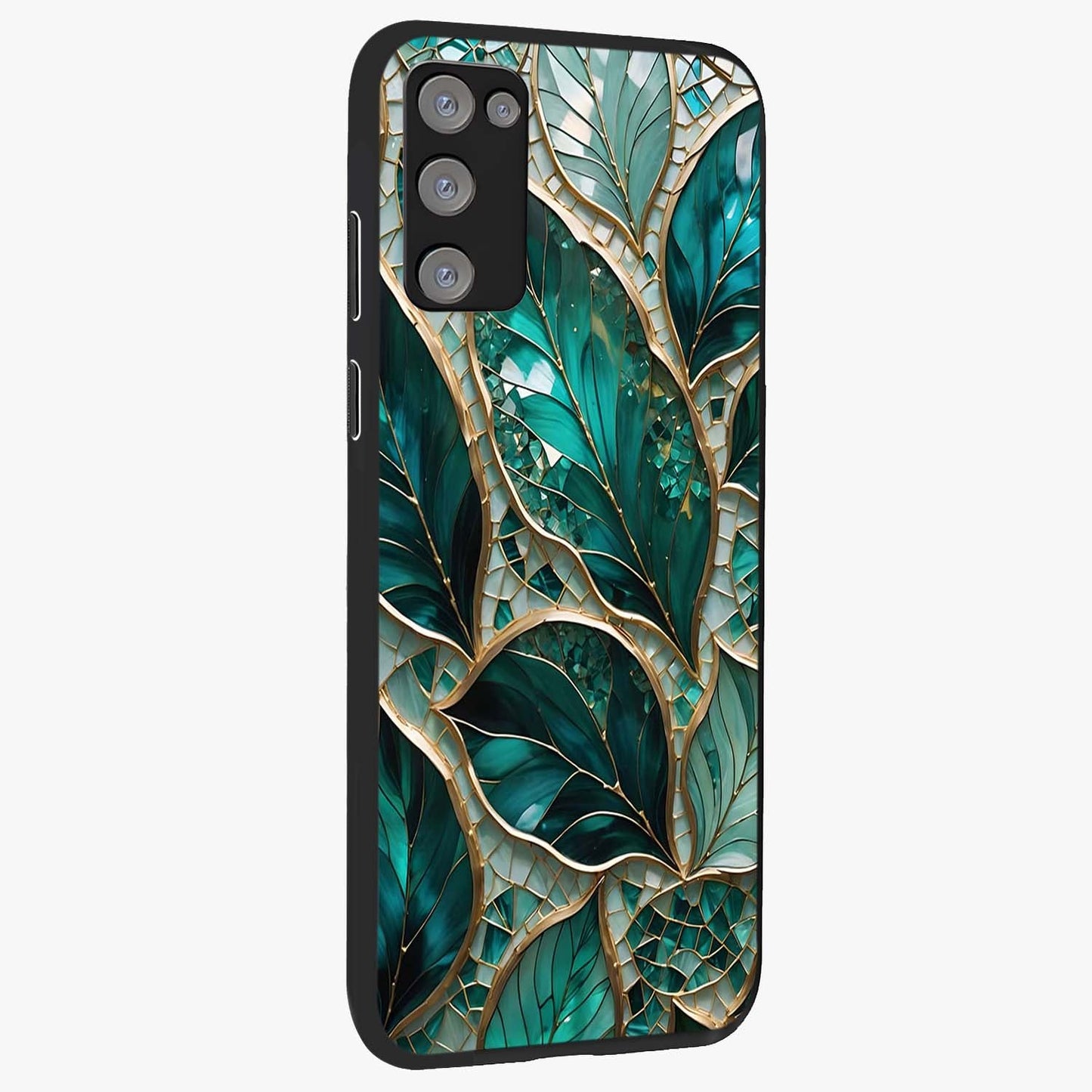 Emerald Leaf Glass Glass Case upright view showcasing fresh green leaf artwork with calming nature inspired style.