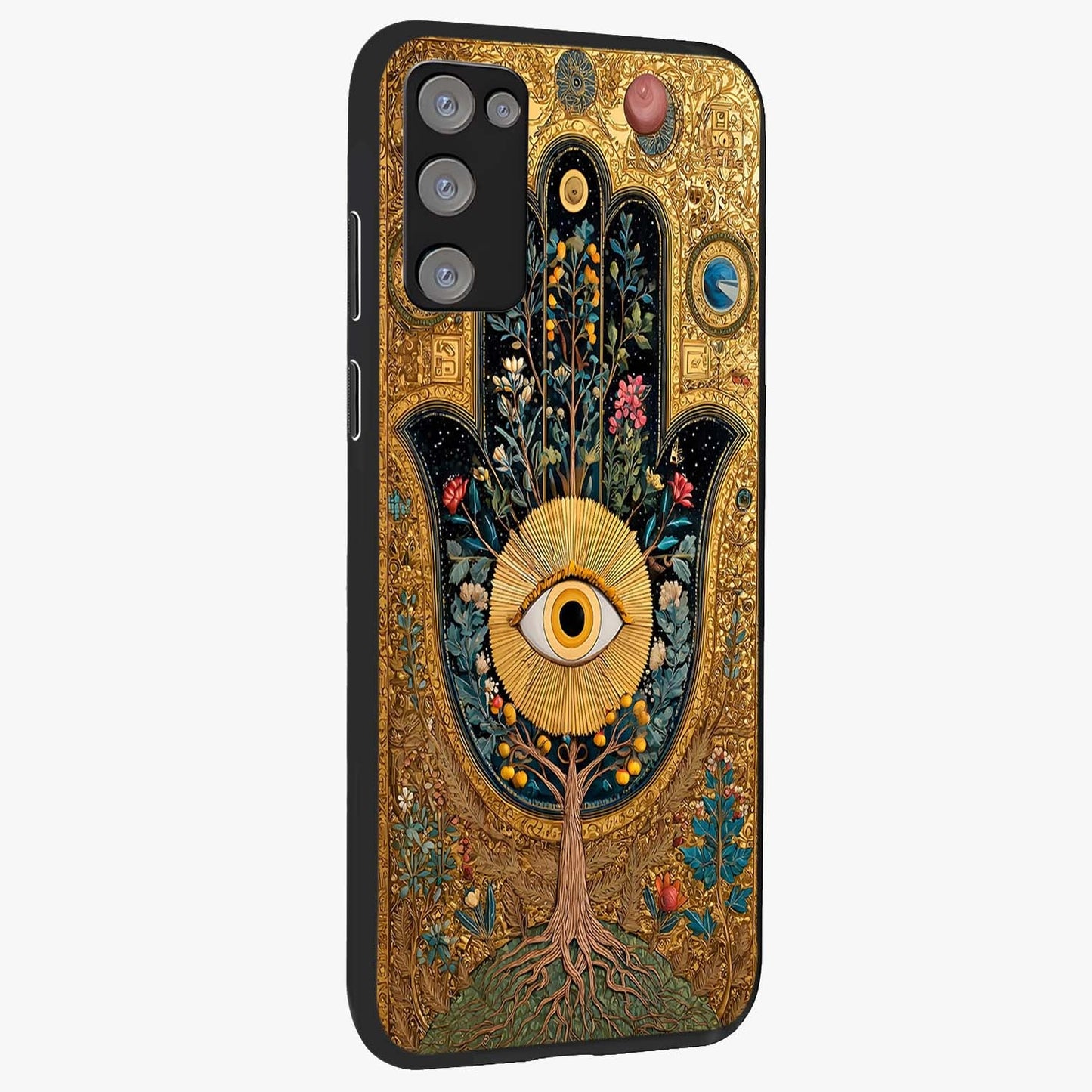 Ethereal Evil Eye Glass Case upright view showcasing celestial evil eye artwork with mystical theme.
