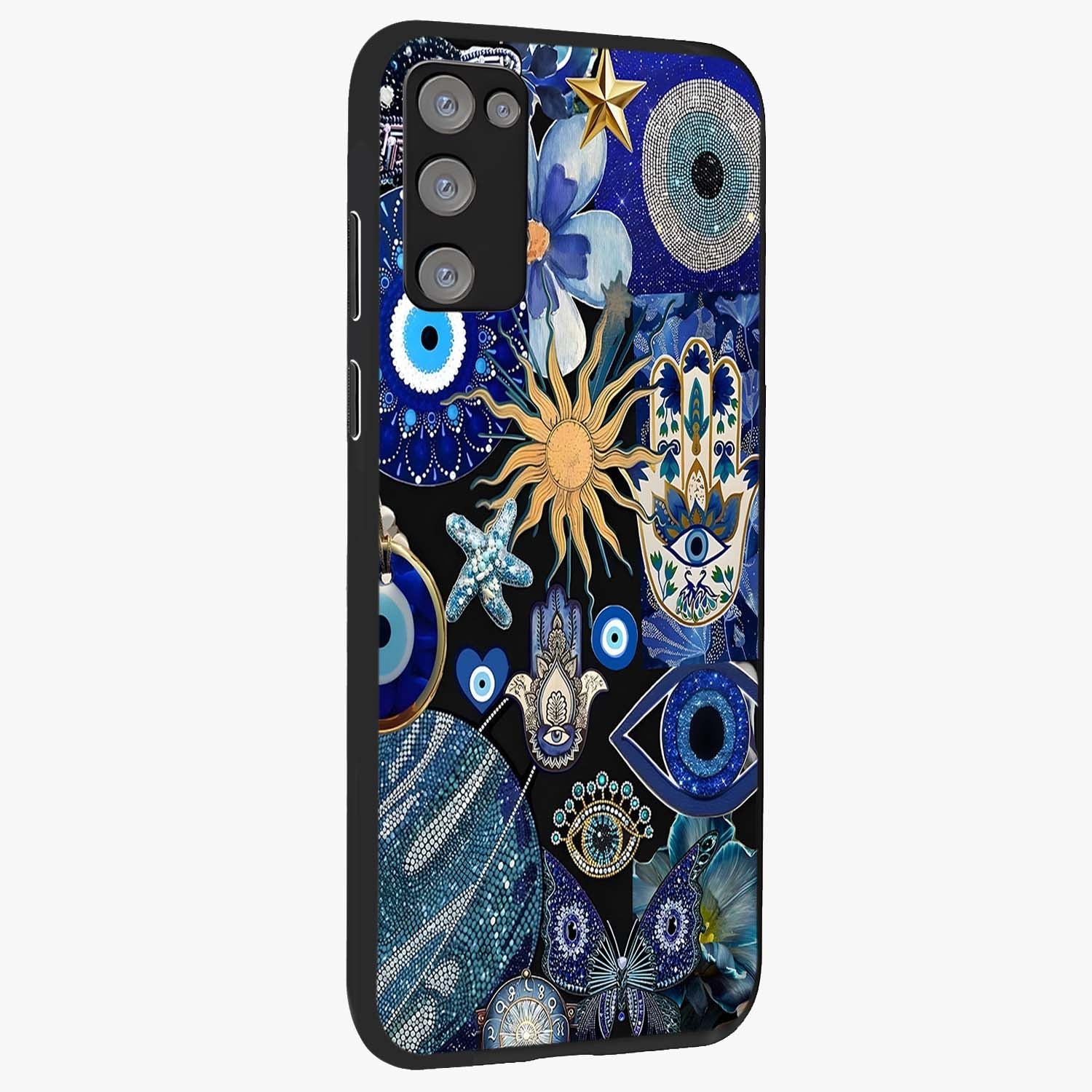 Evil Eye Charm Mix Glass Case upright view showcasing mystical evil eye pattern with vibrant decorative style.