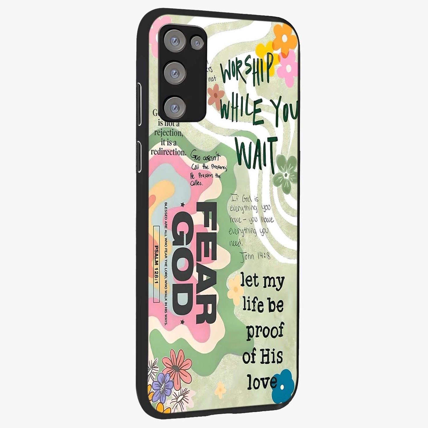 Faith Over Fear Glass Case upright view showcasing bold typography artwork with uplifting motivational theme.