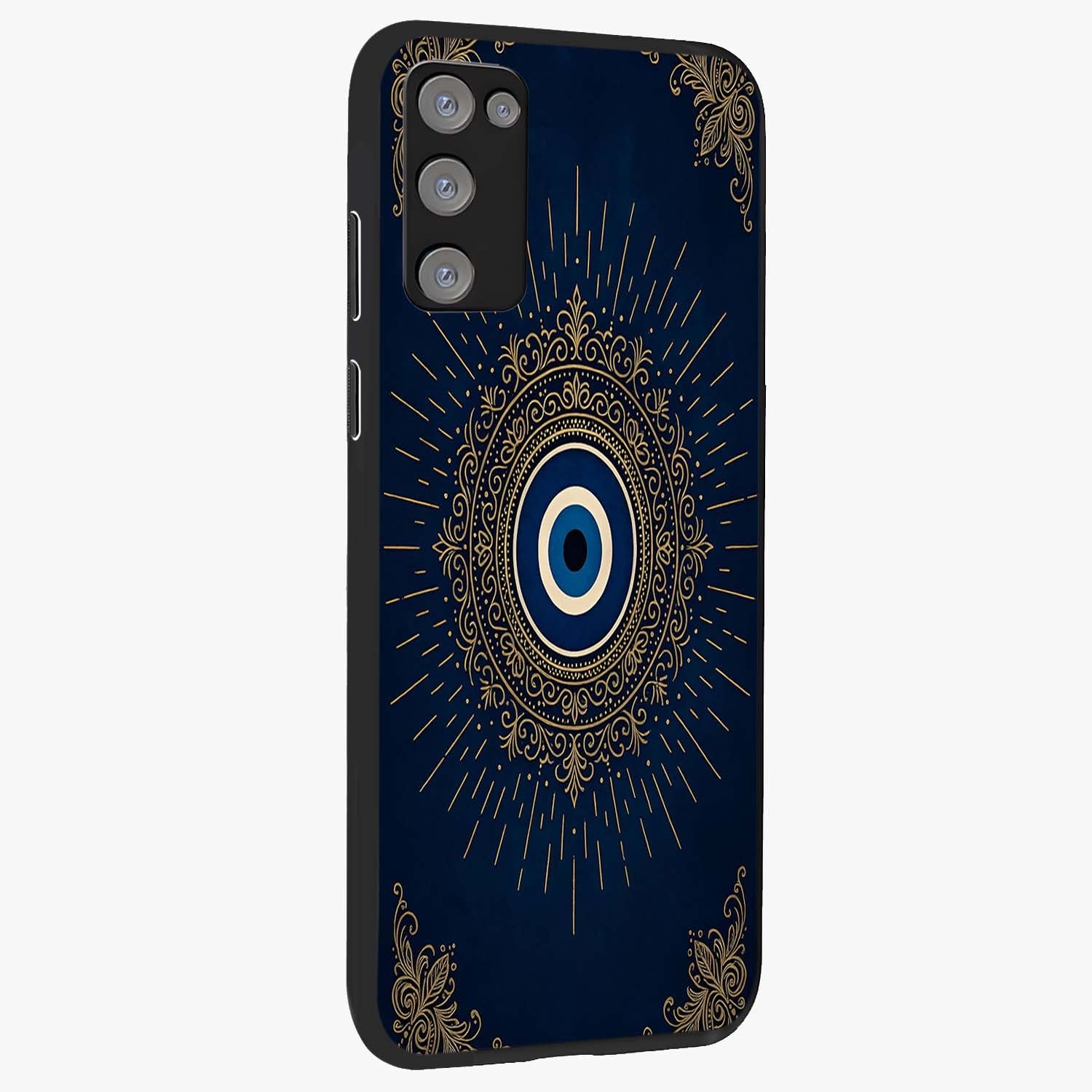 Golden Celestial Charm Glass Case upright view showcasing radiant celestial artwork with elegant golden theme.