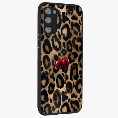 Leopard Wild Cherry Glass Case upright view showcasing stylish leopard pattern artwork with trendy fashion theme.