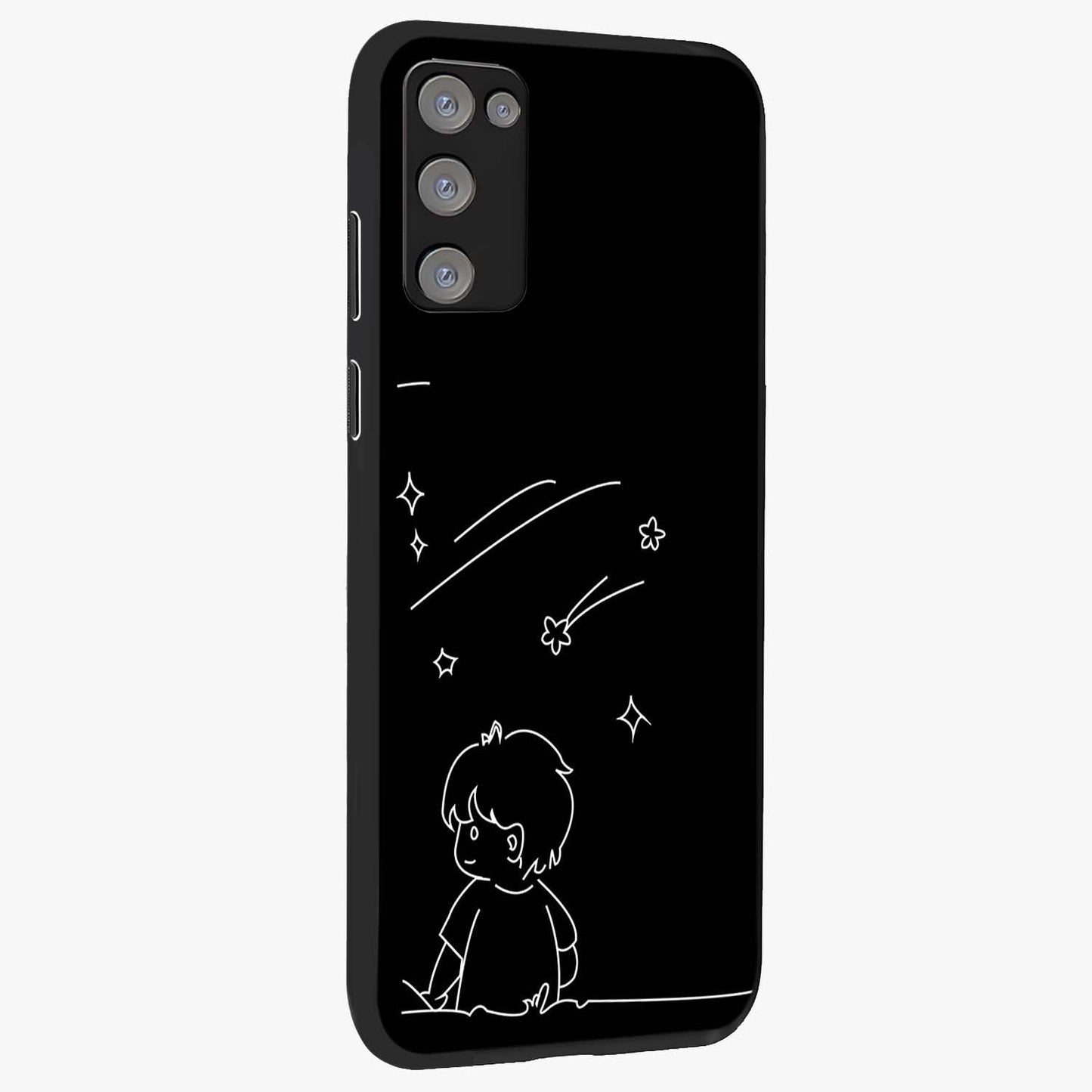 Line Art Boy With Shooting Stars Glass Case upright view showcasing artistic shooting star illustration with minimal style.