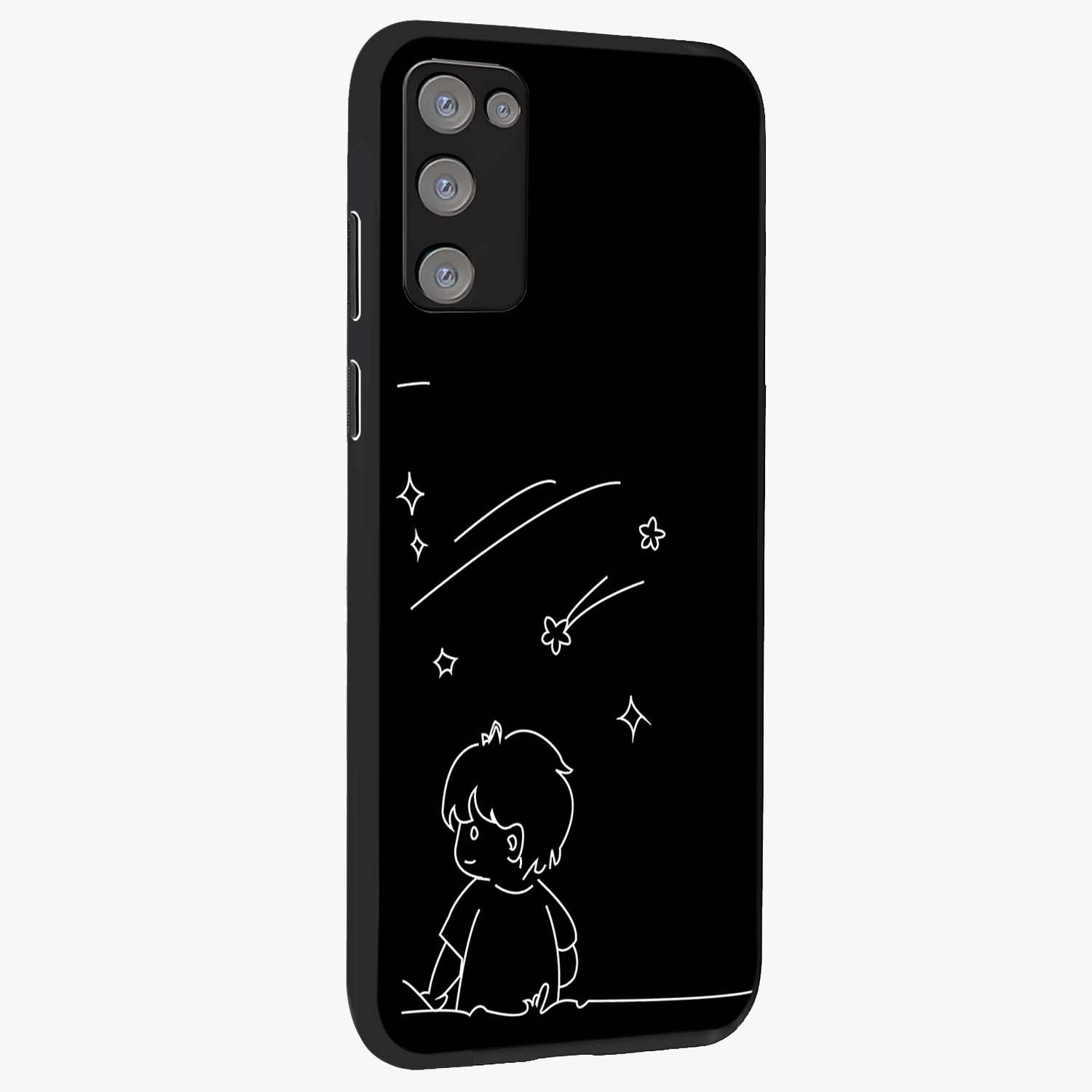 Line Art Boy With Shooting Stars Glass Case upright view showcasing artistic shooting star illustration with minimal style.
