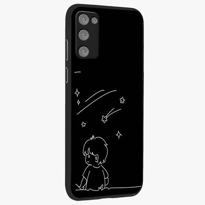 Line Art Boy With Shooting Stars Glass Case upright view showcasing artistic shooting star illustration with minimal style.