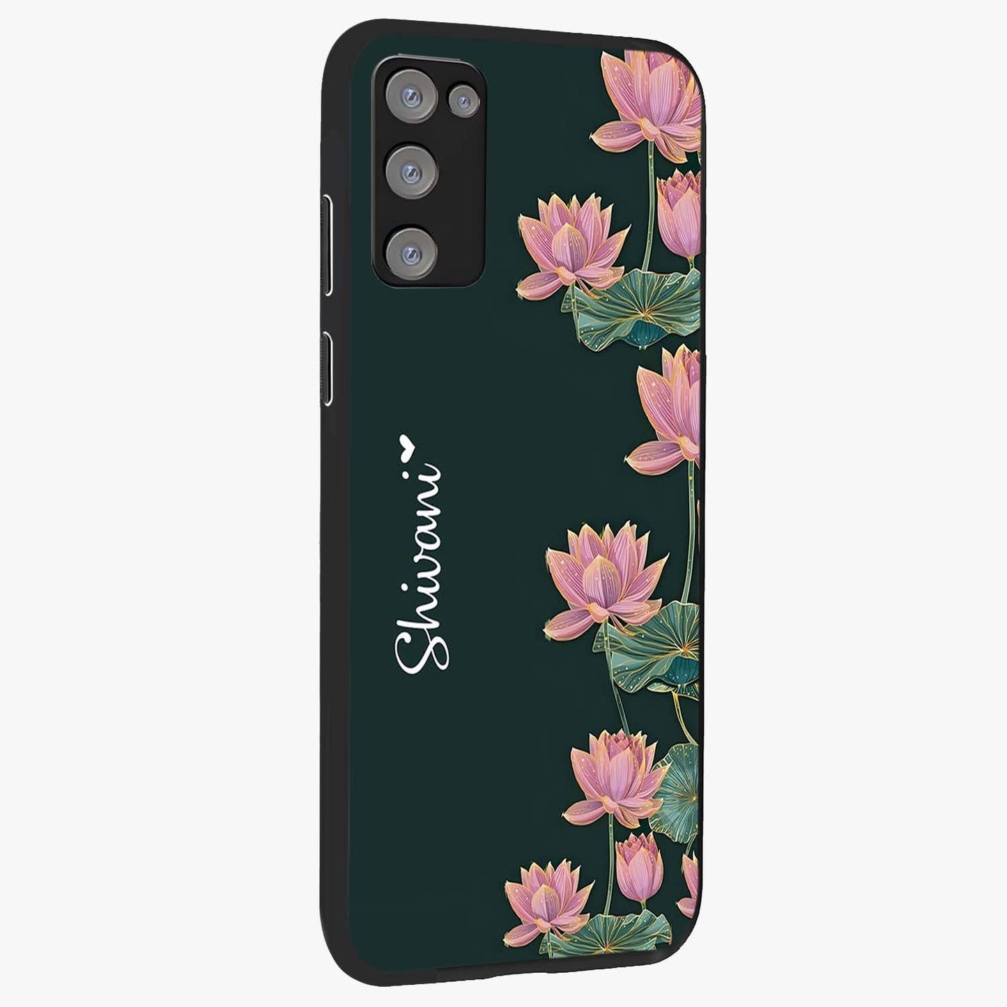 Lotus Bloom Serenity Custom Name Glass Case upright view showcasing serene lotus bloom artwork with personalized floral aesthetic.