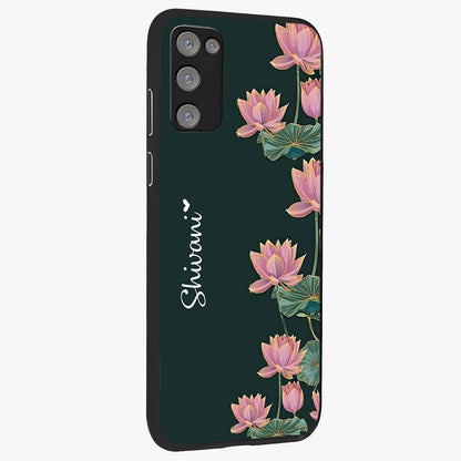 Lotus Bloom Serenity Custom Name Glass Case upright view showcasing serene lotus bloom artwork with personalized floral aesthetic.