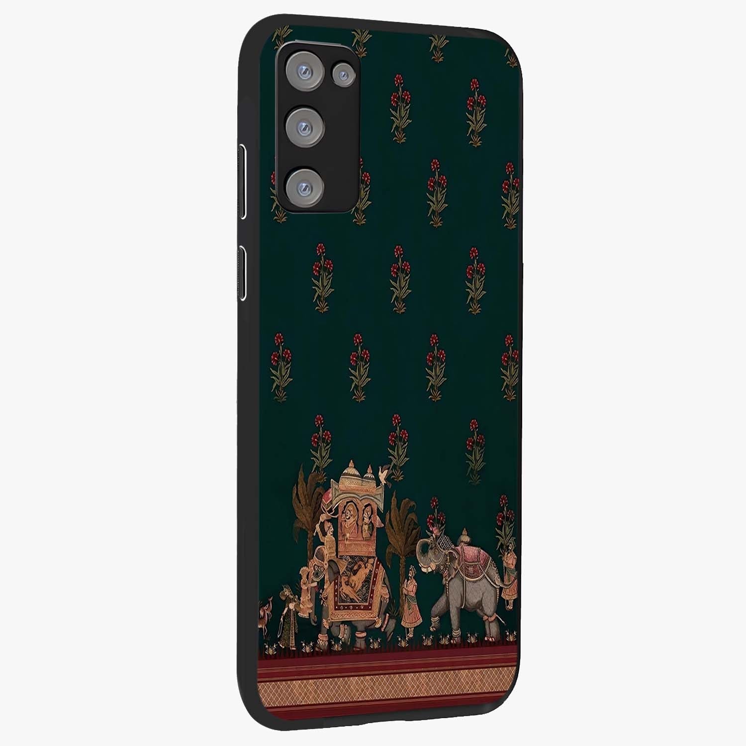 Macmerise Glass Case upright view showcasing bold artistic artwork with contemporary design theme.