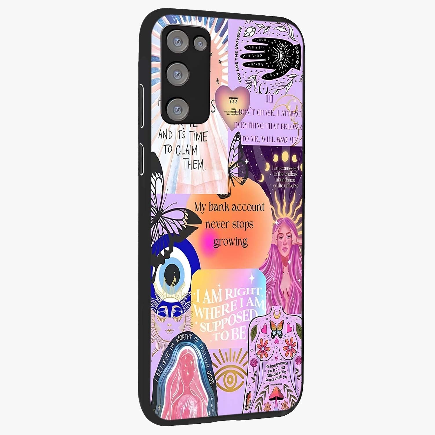 Manifestation Collage Glass Case upright view showcasing artistic manifestation themed artwork with creative style.