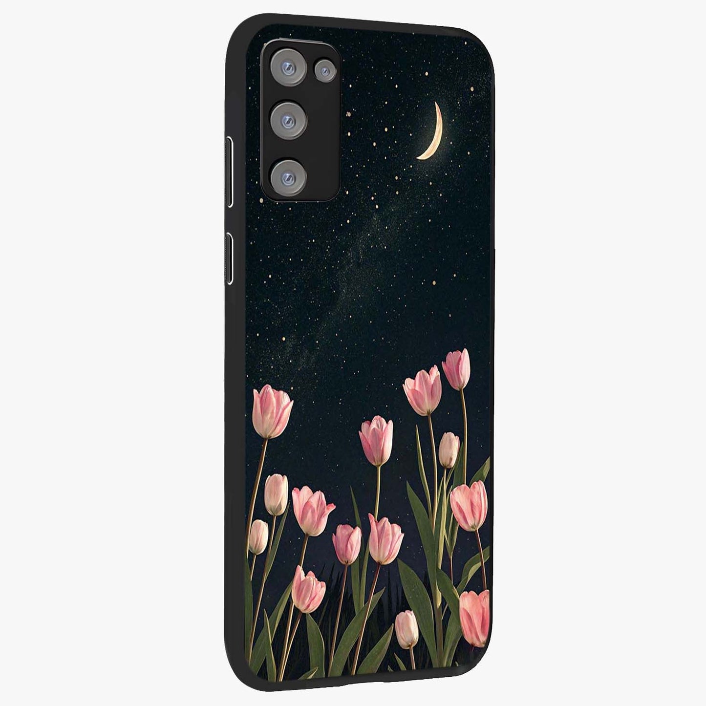 Midnight Tulip Whispers Vibe Glass Case upright view showcasing graceful tulip artwork with calm botanical theme.