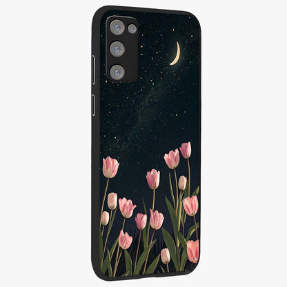 Midnight Tulip Whispers Vibe Glass Case upright view showcasing graceful tulip artwork with calm botanical theme.
