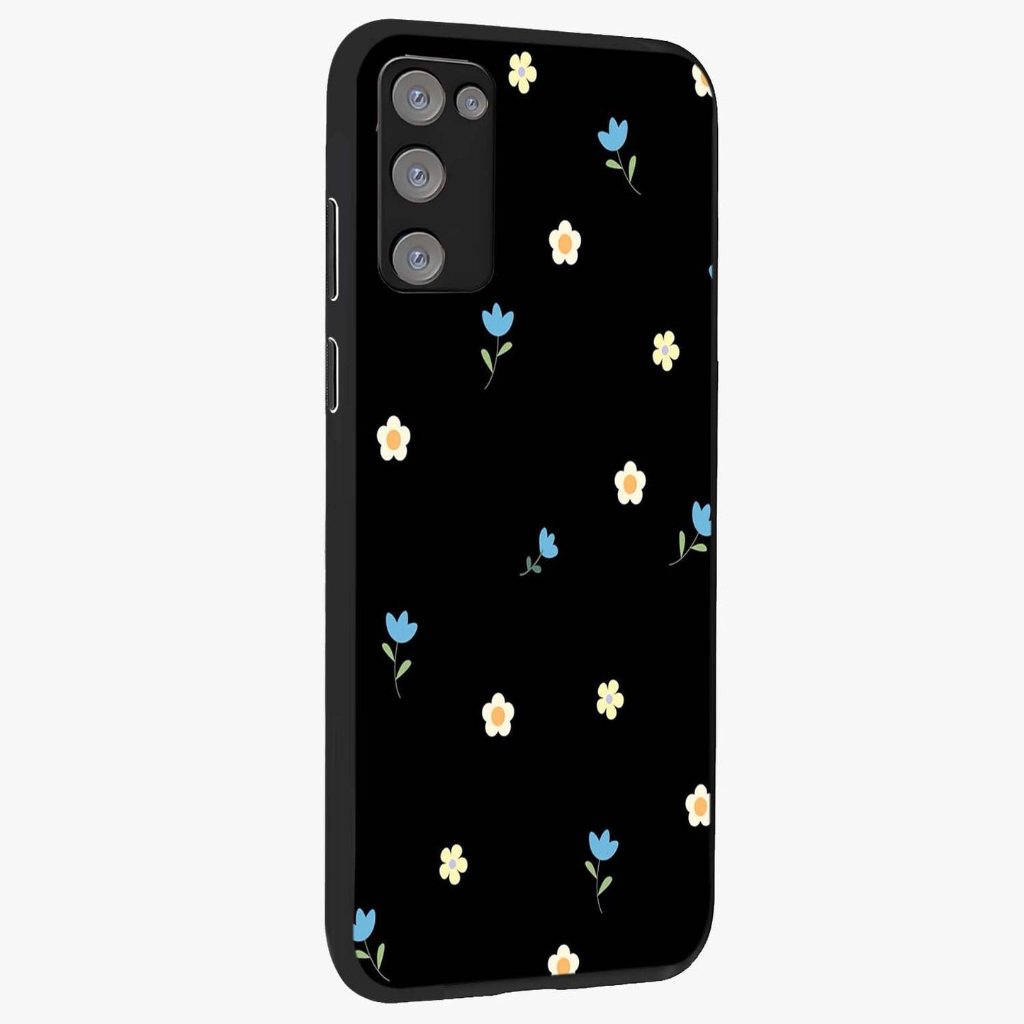 Minimal Petal Whispers Glass Case upright view showcasing elegant floral artwork with modern minimalist style.