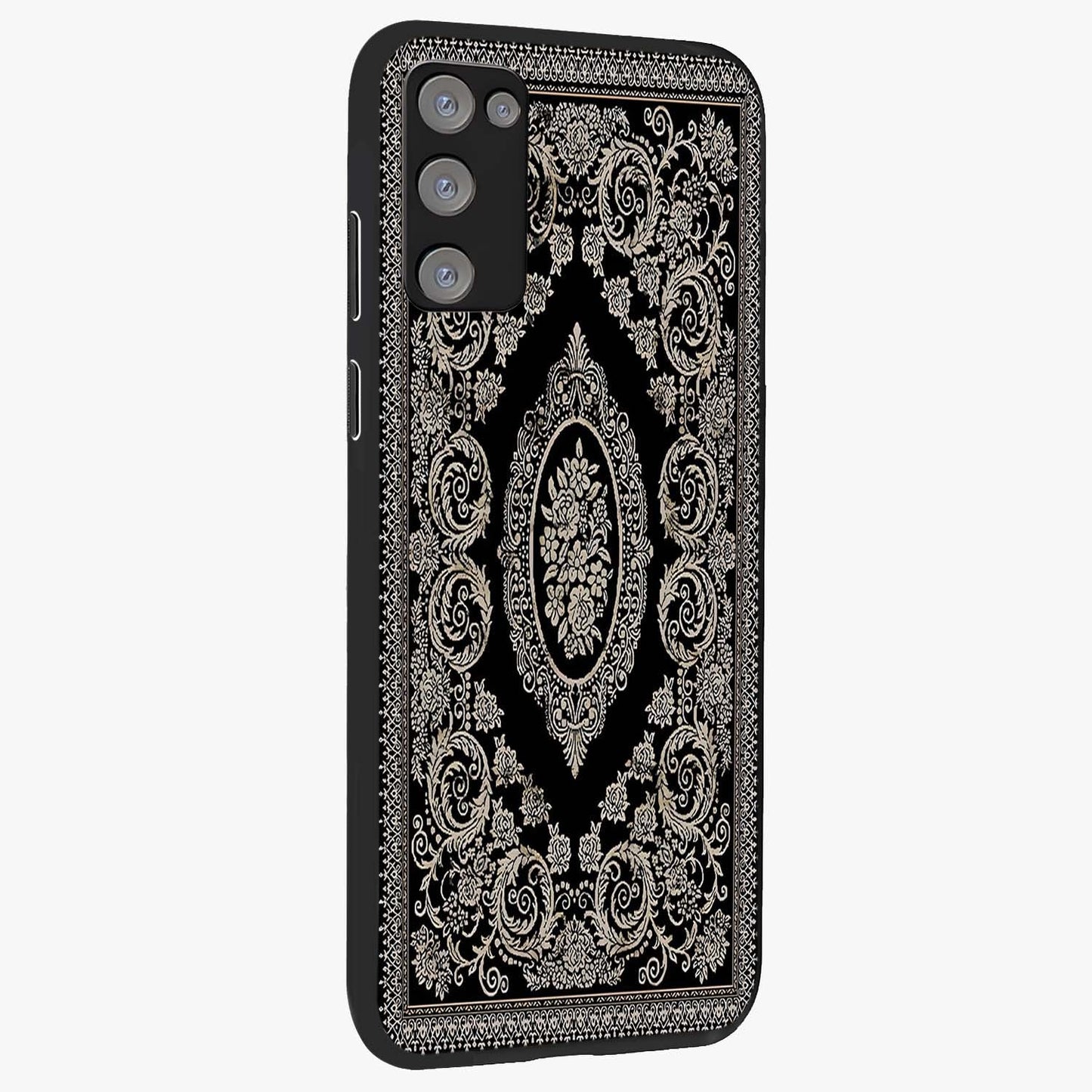 Noir Bloom Elegance Glass Case upright view showcasing graceful floral artwork with luxurious dark theme.