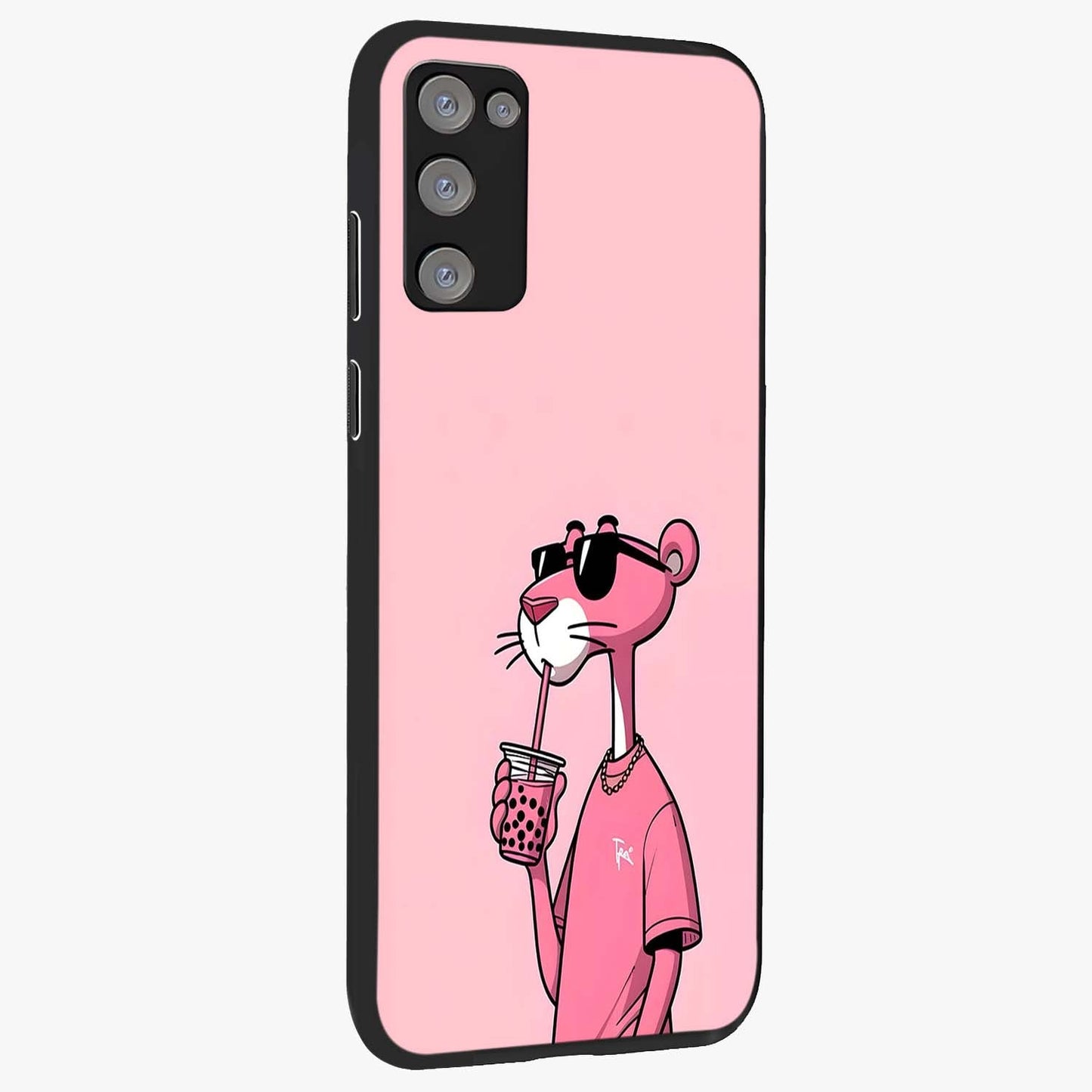 Pink Panther Glass Case upright view showcasing fun animated artwork with stylish retro cartoon theme.