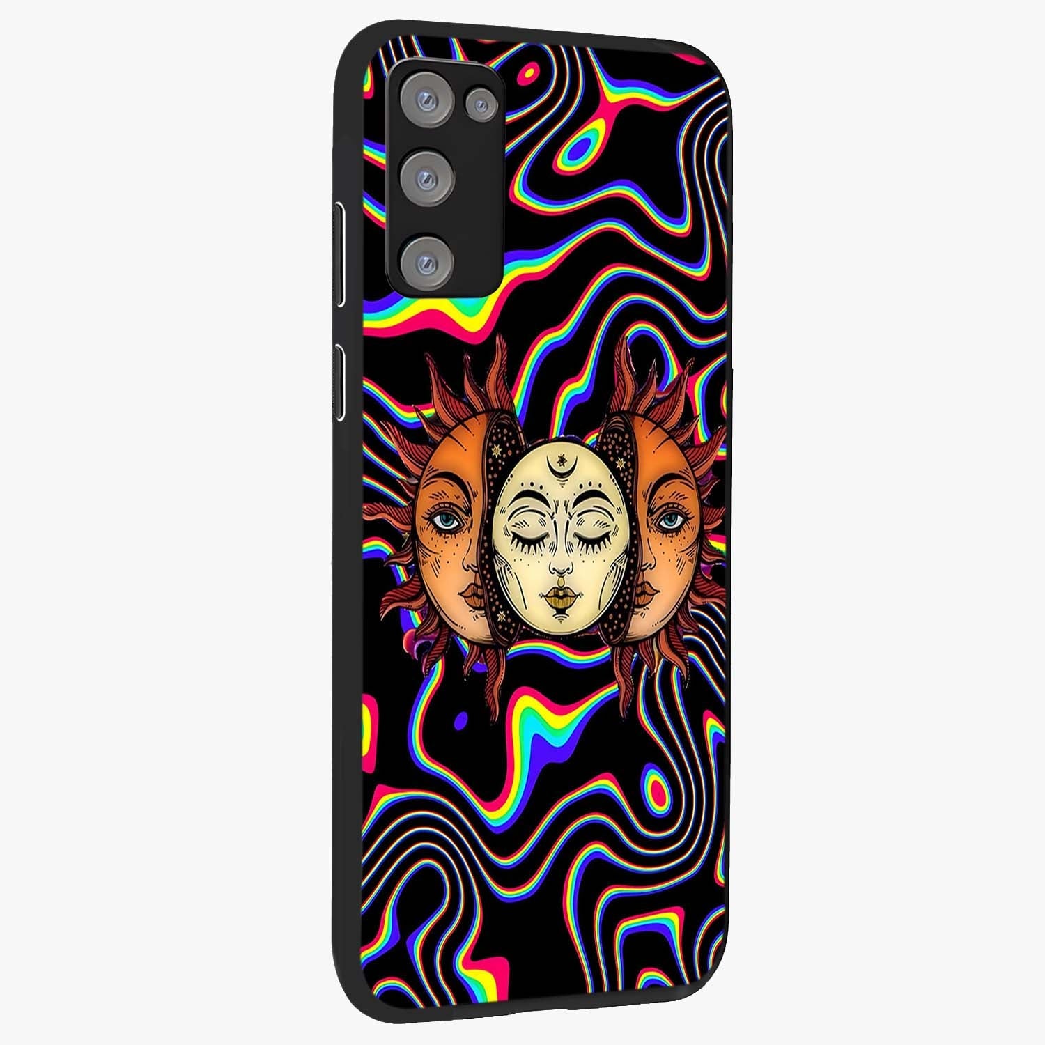 Psychedelic Sun Glass Case upright view showcasing trippy sun artwork with bold psychedelic theme.