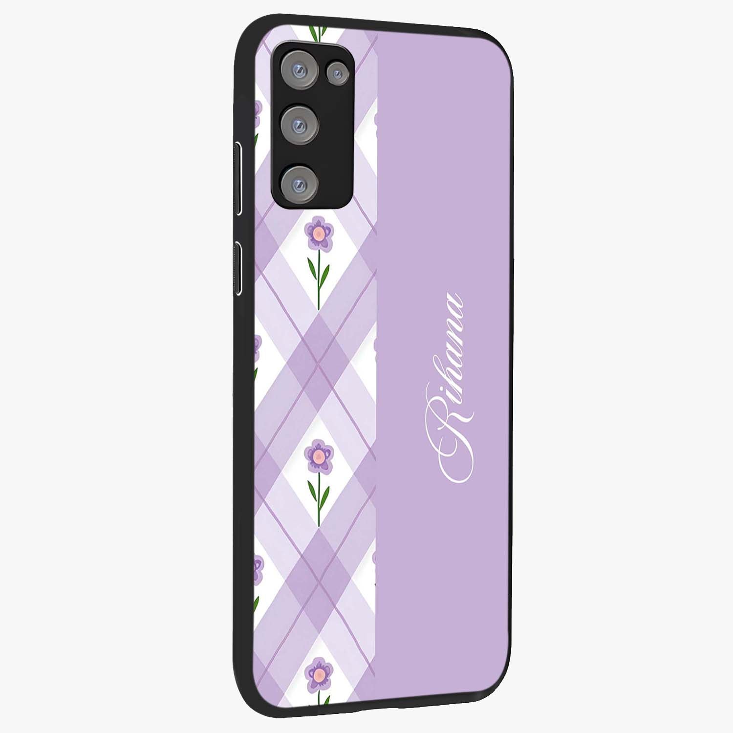 Purple Diamond Floral Glass Case upright view showcasing vibrant floral artwork with stylish geometric theme.