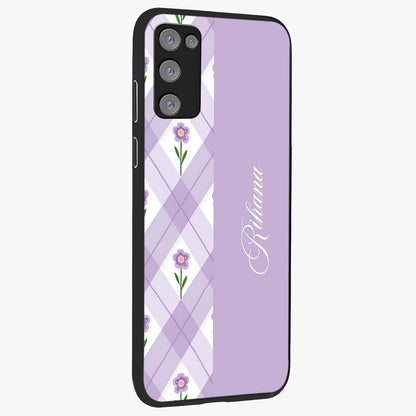 Purple Diamond Floral Glass Case upright view showcasing vibrant floral artwork with stylish geometric theme.