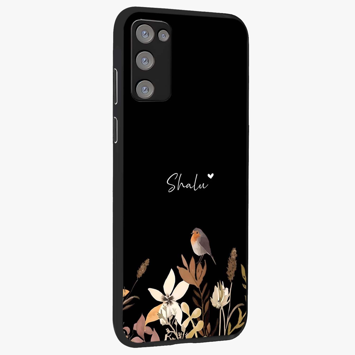 Quiet Garden Tune Custom Name Glass Case upright view showcasing serene botanical artwork with personalized aesthetic.