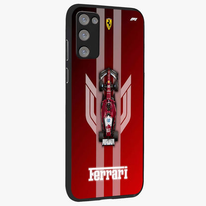 Red Ferrari F1 Vertical Glass Case upright view showcasing powerful Formula car artwork with dynamic motorsport theme.