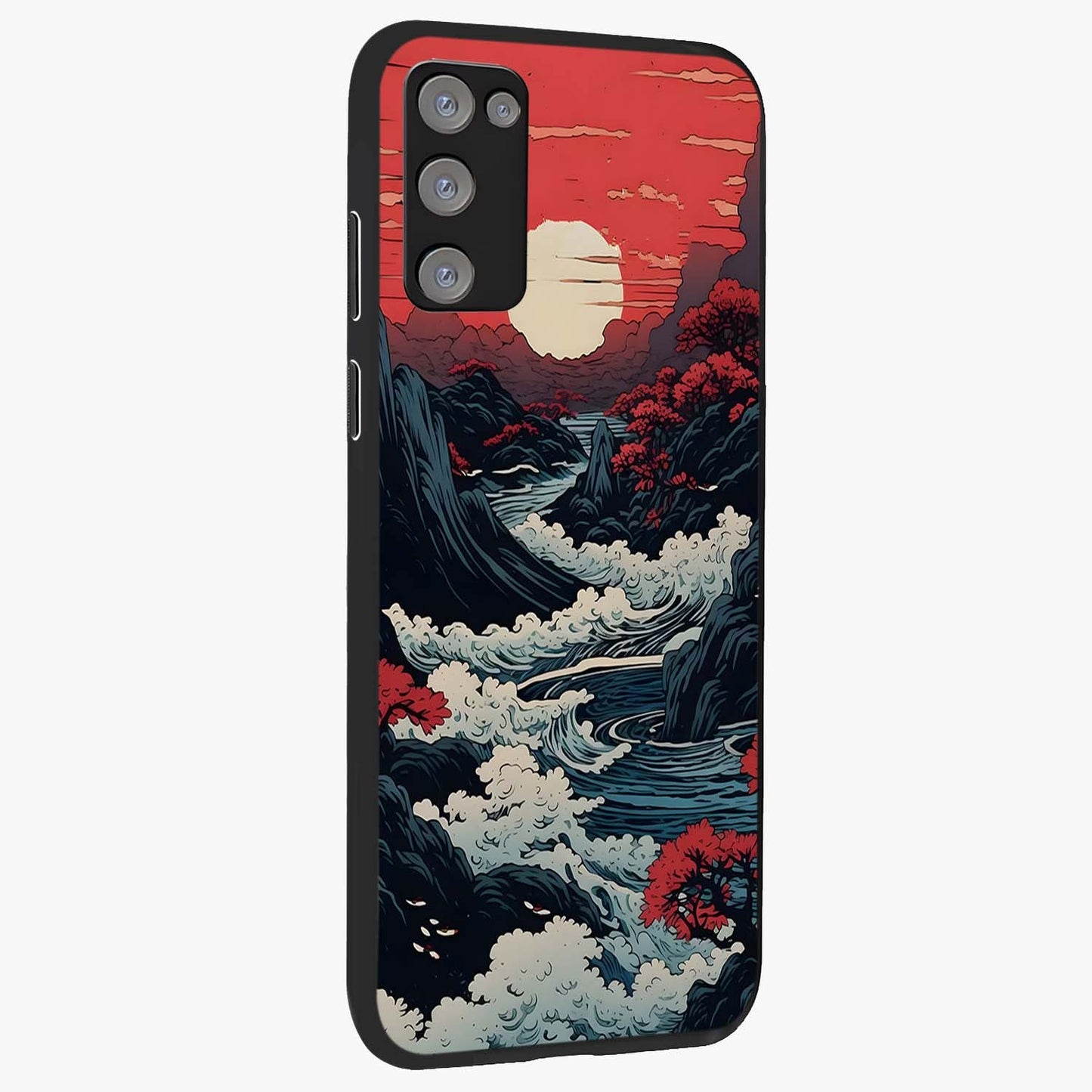 Red Sunset Scenery Glass Case upright view showcasing dramatic sunset scenery artwork with warm nature theme.